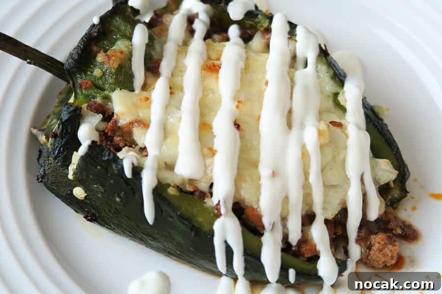 Baked Poblano Chiles Rellenos with Turkey Taco Filling 2 Easy Healthy Chile Rellenos baked with turkey taco meat topped with a healthy mexican crema substitute