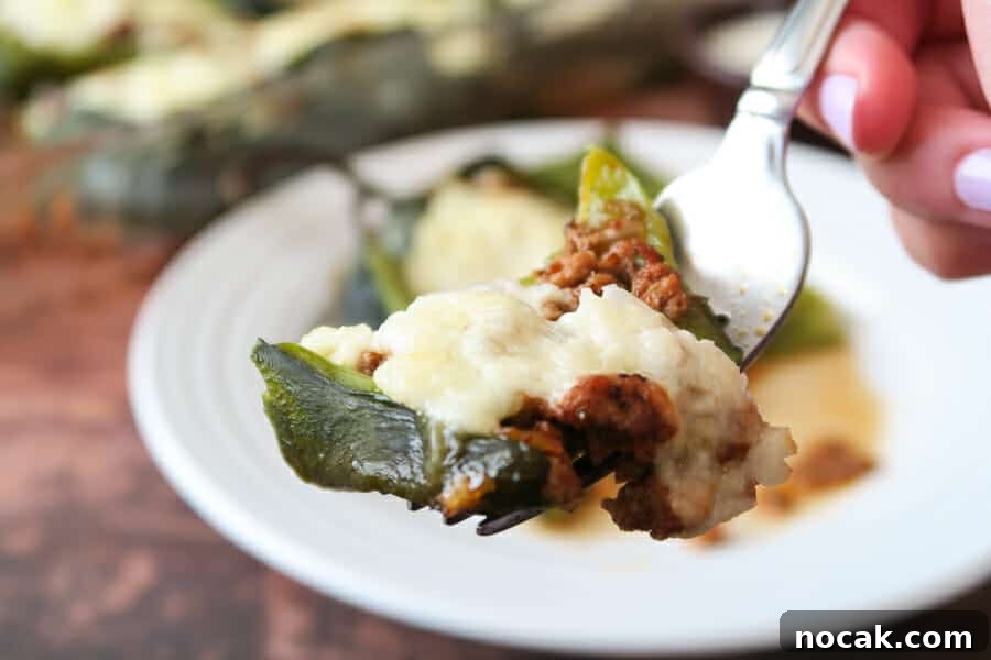 Baked Poblano Chiles Rellenos with Turkey Taco Filling 19 bite shot of the Easy Healthy Chile Rellenos baked with turkey taco meat