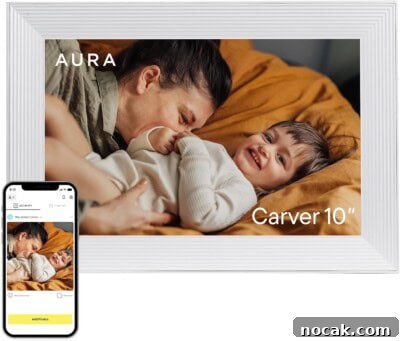 2025 Holiday Gift Guide: Top Picks for Every Recipient 13 A white digital photo frame displays a smiling child lying on a bed with an adult; a smartphone nearby shows the same photo and an app interface.