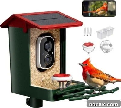 2025 Holiday Gift Guide: Top Picks for Every Recipient 14 A red-roofed bird feeder with a built-in camera is shown. A cardinal is perched on the feeder.