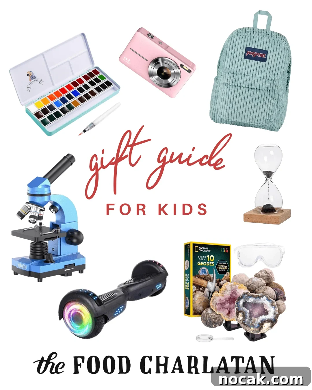 2025 Holiday Gift Guide: Top Picks for Every Recipient 16 A gift guide for kids featuring a watercolor paint set, pink camera, striped backpack, blue microscope, hoverboard, hourglass, geology kit with crystals and goggles, labeled The Food Charlatan.