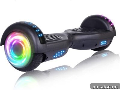 2025 Holiday Gift Guide: Top Picks for Every Recipient 18 A black hoverboard with colorful LED lights on the wheels and blue lights on the body.