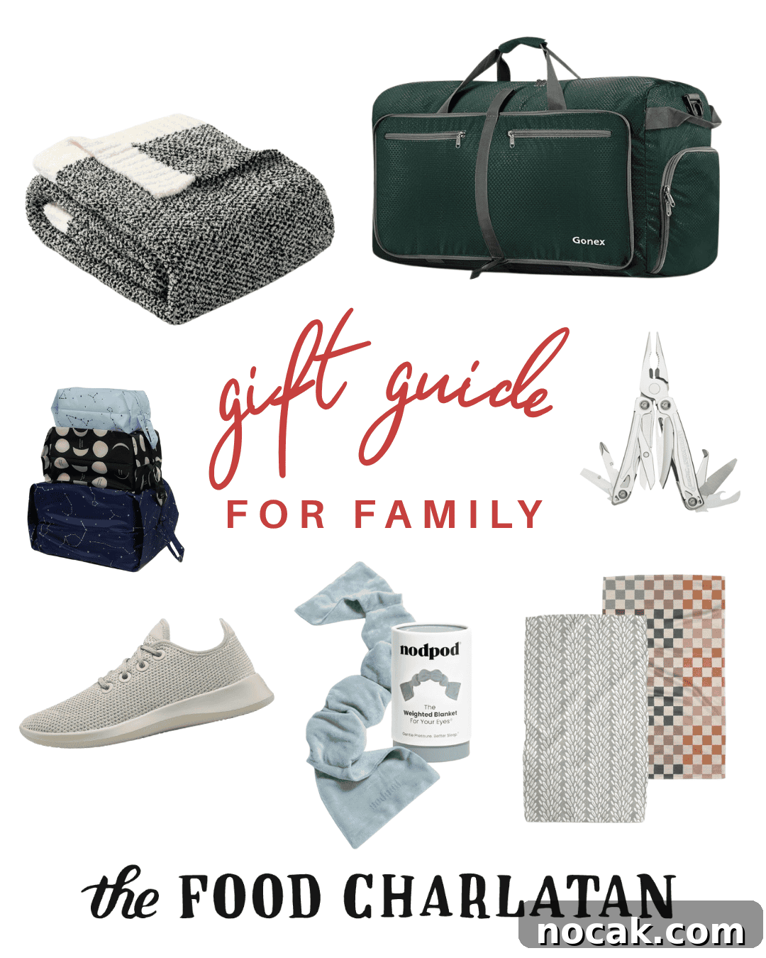 2025 Holiday Gift Guide: Top Picks for Every Recipient 3 A collage of gift items including a green duffel bag, knit blanket, multi-tool, patterned hand towels, sneakers, a travel toiletry bag, and a neck wrap, with gift guide for family and the Food Charlatan text.