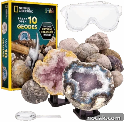 2025 Holiday Gift Guide: Top Picks for Every Recipient 23 A National Geographic geode kit with unopened and opened geodes, magnifying glass, hammer, goggles, and stands.