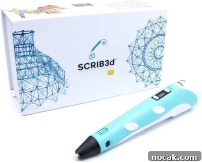 2025 Holiday Gift Guide: Top Picks for Every Recipient 24 A light blue and white 3D printing pen labeled SCRIB3D displayed in front of its box.