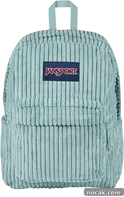 2025 Holiday Gift Guide: Top Picks for Every Recipient 27 A light blue corduroy JanSport backpack with a front pocket.