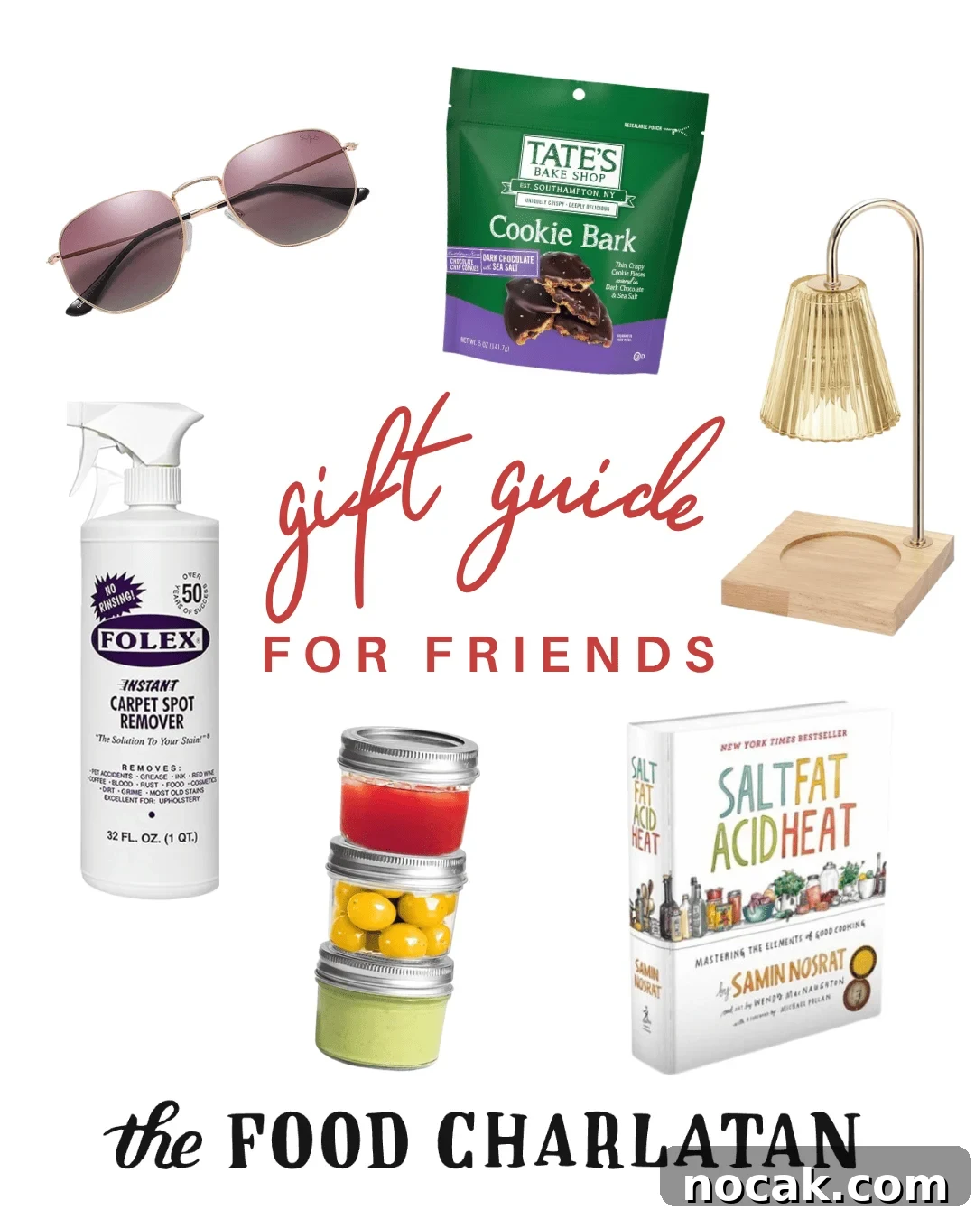 2025 Holiday Gift Guide: Top Picks for Every Recipient 29 A collage featuring sunglasses, Tates Cookie Bark, a small desk lamp, Folex cleaner, jars of colorful candies, the book Salt Fat Acid Heat, and the text gift guide for friends from The Food Charlatan.