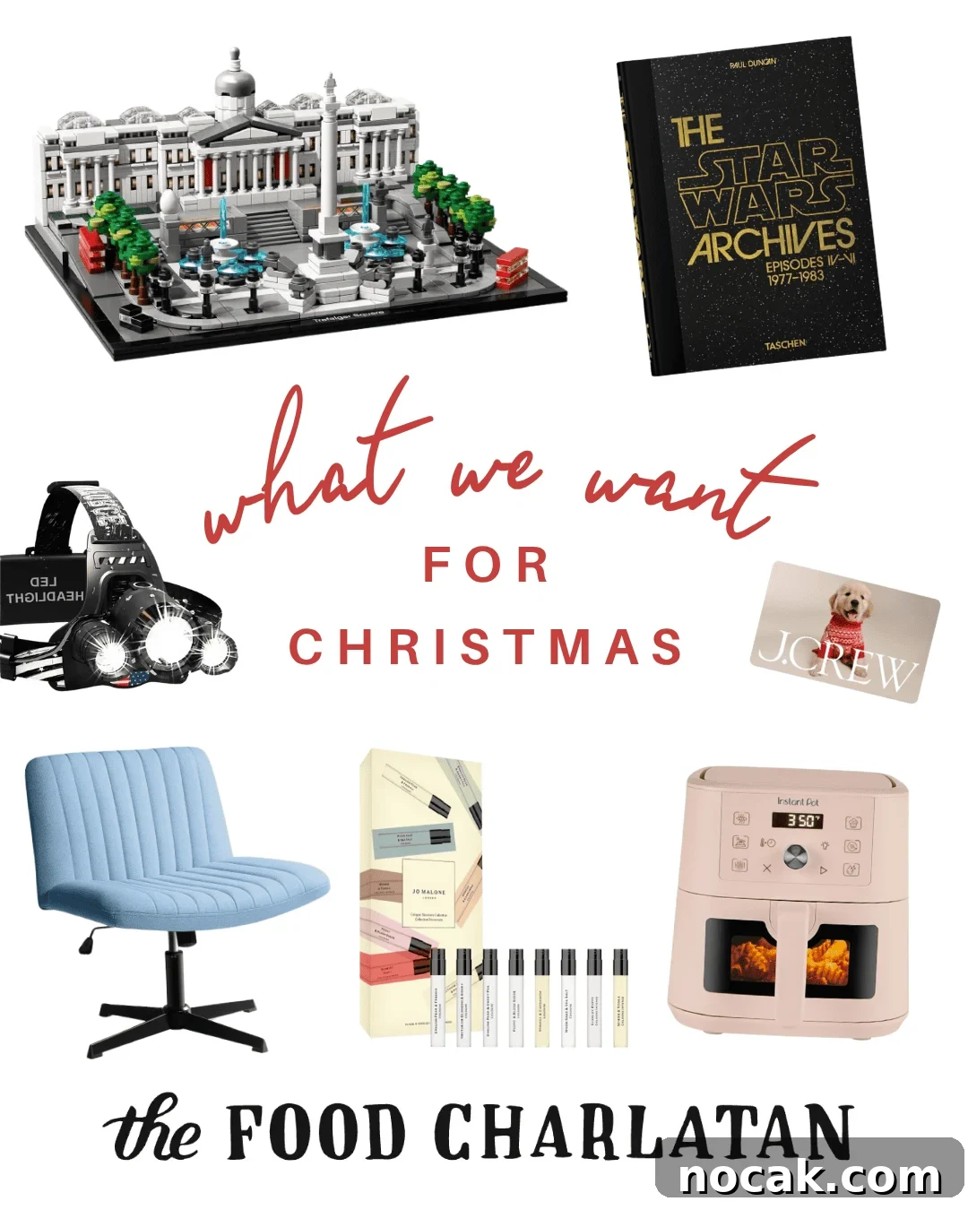 2025 Holiday Gift Guide: Top Picks for Every Recipient 38 A collage labeled What we want for Christmas with images of a LEGO cityscape, Star Wars book, headlamp, J.Crew gift card, blue chair, perfume set, air fryer, and The Food Charlatan logo.