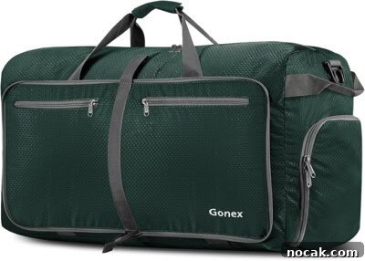 2025 Holiday Gift Guide: Top Picks for Every Recipient 8 A large dark green duffel bag with gray straps, two front zippered pockets, a side zippered pocket, and the brand name Gonex on the front.