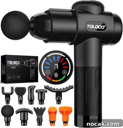 2025 Holiday Gift Guide: Top Picks for Every Recipient 10 A black TOLOCO massage gun with multiple detachable massage heads, a digital speed display, and a carrying case.