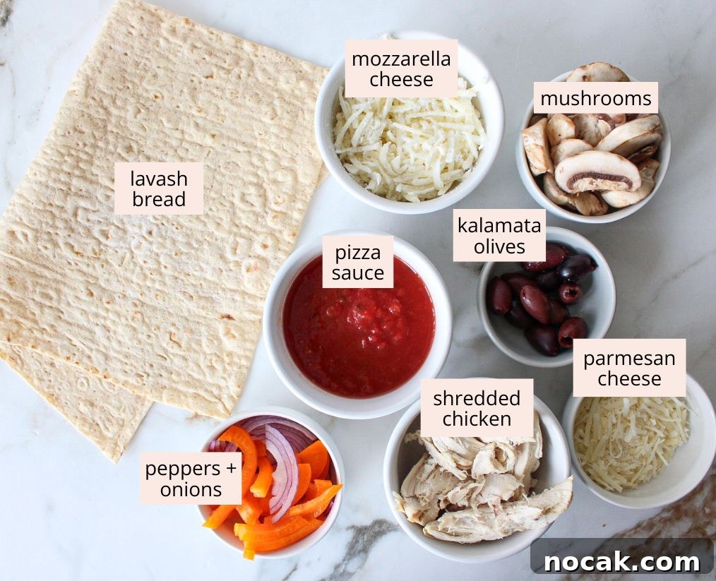 High-Protein Lavash Pizza Ready in 10 Minutes 3 Lavash bread pizza ingredients on a countertop with labels.