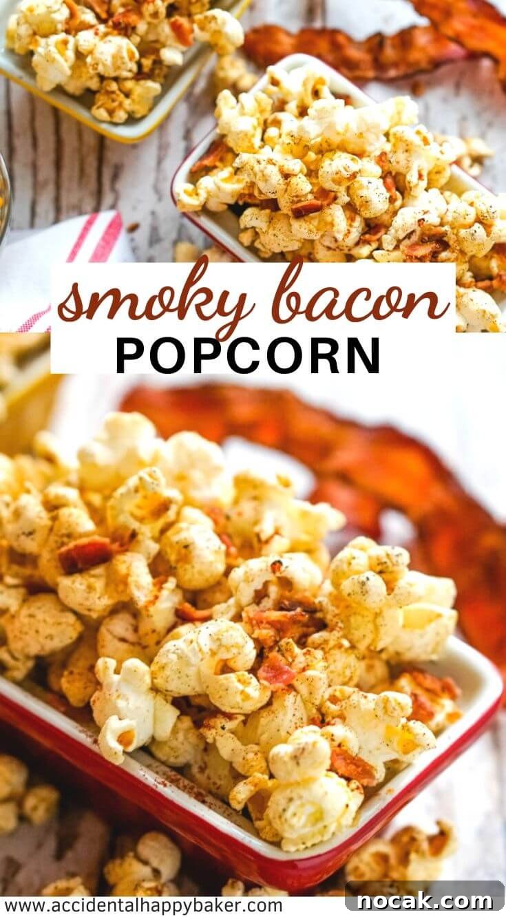 Salty and smoky popcorn with pieces of crispy bacon mixed in makes the perfect snack. Bacon + Popcorn. What’s not to love? #smokybaconpopcorn