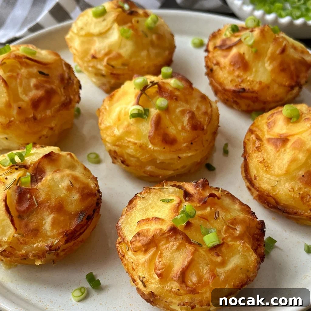 A plate of golden-brown Individual Dauphinoise Potatoes stacked neatly and garnished with chopped green onions. The stacks are crispy on the edges and beautifully arranged on a white plate.