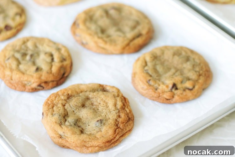 Mrs. Fields Blue Ribbon Chocolate Chip Cookie Recipe 8 jumbo blue ribbon cookies on baking sheet with parchment paper