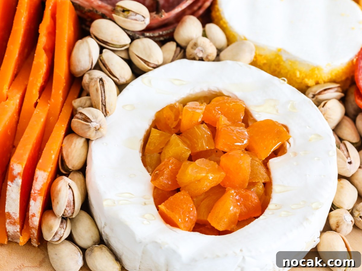 Spooky Halloween Charcuterie Board Ideas for Your Party 15 A round brie with pumpkin shape cut out filled with chopped apricots and surrounded with pistachios.