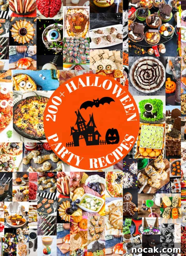 Dozens of pictures of Halloween recipes including drinks, appetizers, treats, and desserts.
