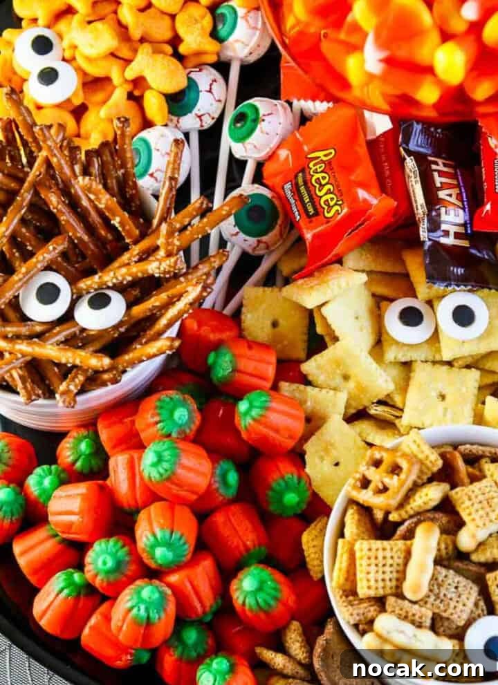 A full platter of Halloween salty snacks and candy decorated with candy eyeballs.