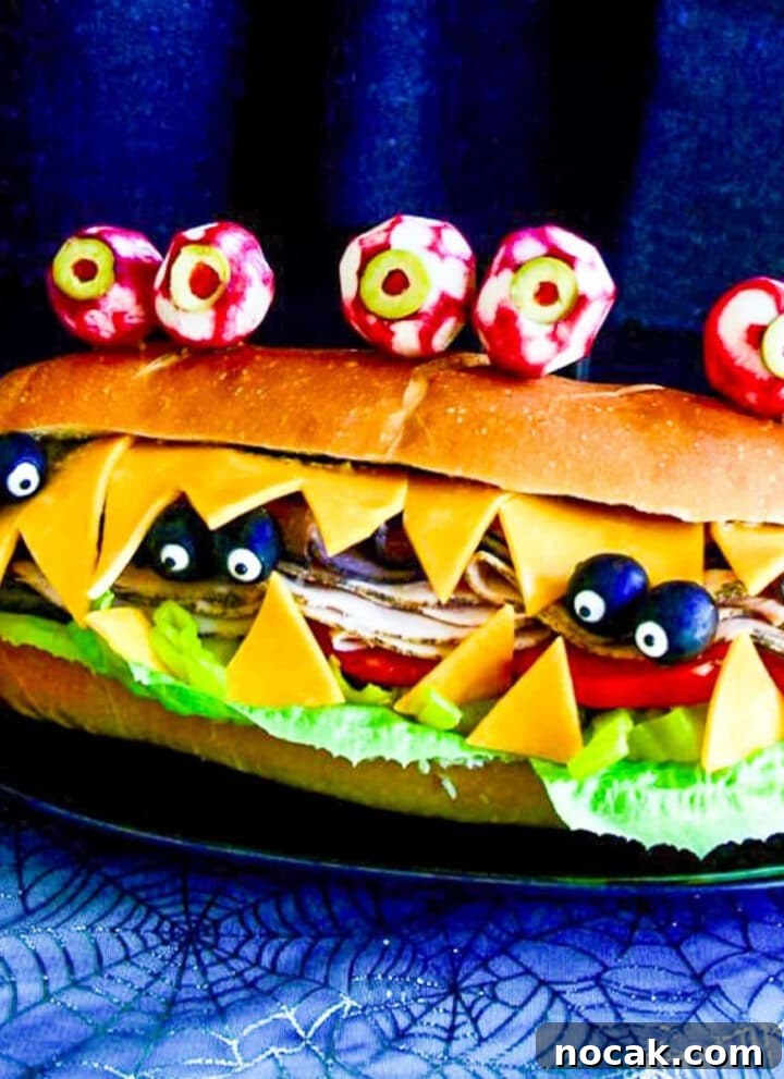 A giant sub sandwich decorated to look like a monster with edible eyes.