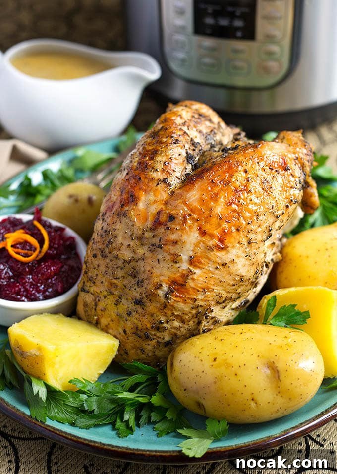 Thanksgiving Recipes for Instant Pot: Fast Holiday Favorites 3 Turkey breast and potatoes on a turquoise plate in front of small pitcher of gravy and a pressure cooker