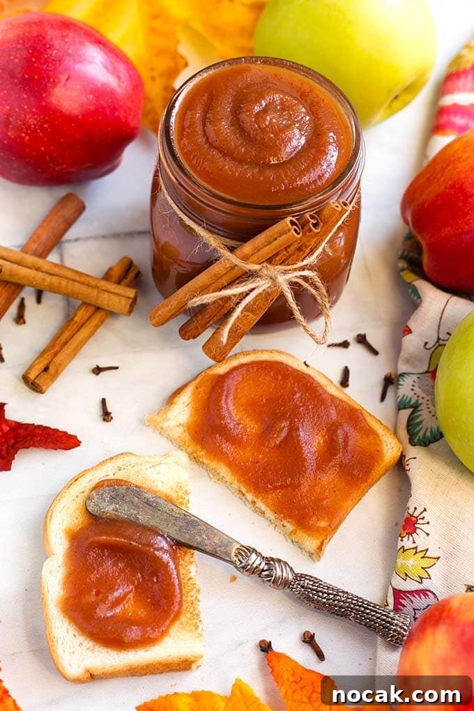 Thanksgiving Recipes for Instant Pot: Fast Holiday Favorites 23 Small jar of Apple Butter tied with cinnamon sticks behind toast with apple butter spread on it