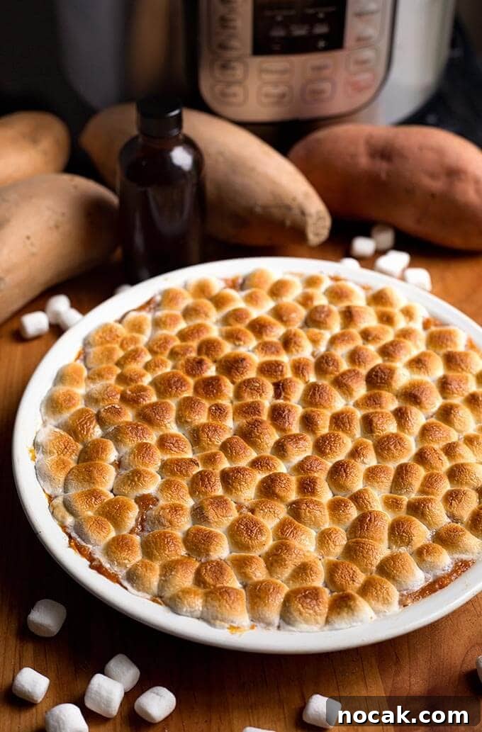 Thanksgiving Recipes for Instant Pot: Fast Holiday Favorites 7 Candied Yams in a white bowl in front of raw sweet potatoes in front of a pressure cookers