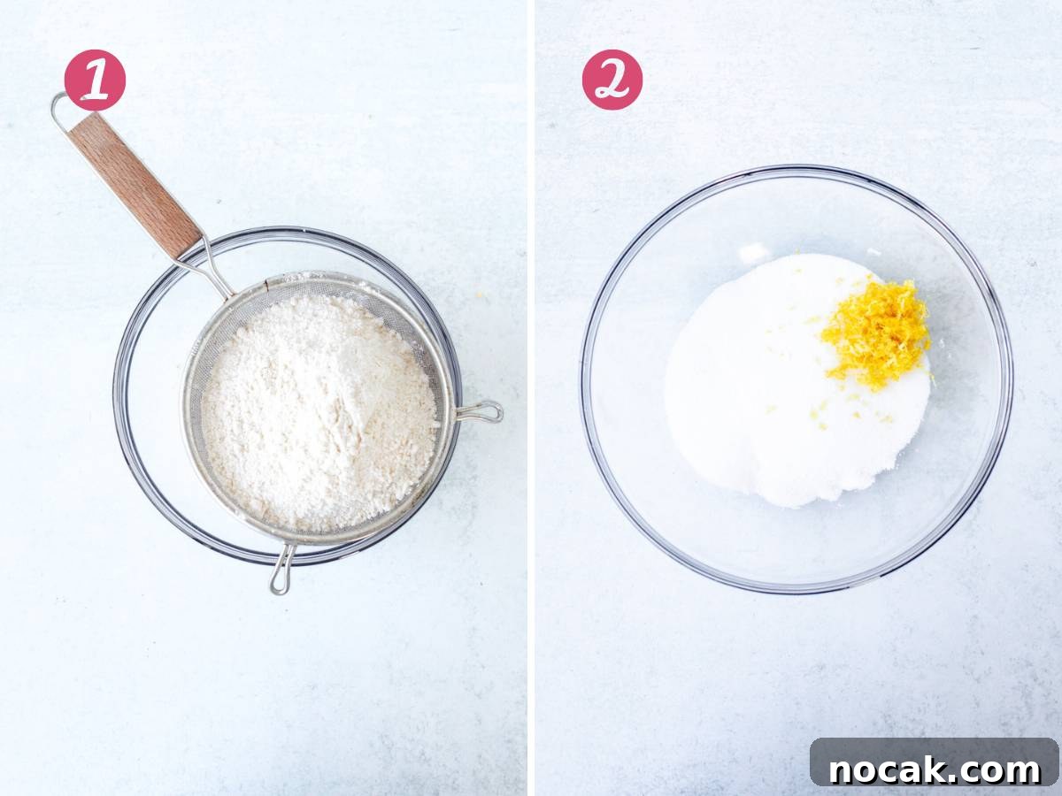 Lemon Coffee Cake Recipe: Moist Citrus Bundt Cake for Brunch 5 Sifting dry ingredients into a bowl and bowl of sugar and lemon zest