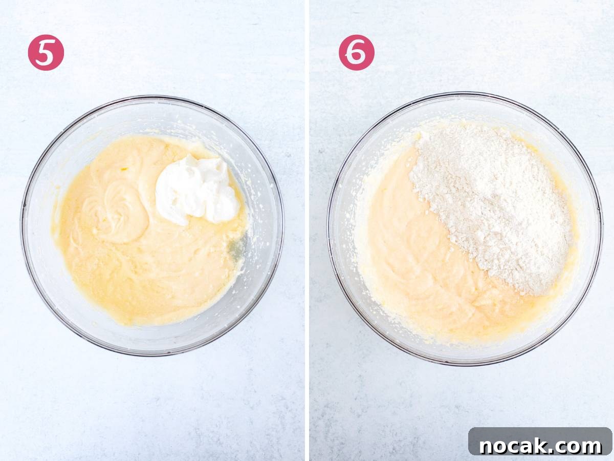 Lemon Coffee Cake Recipe: Moist Citrus Bundt Cake for Brunch 7 Sour cream and lemon juice added to cake batter, and bowl of dry ingredients added to cake batter