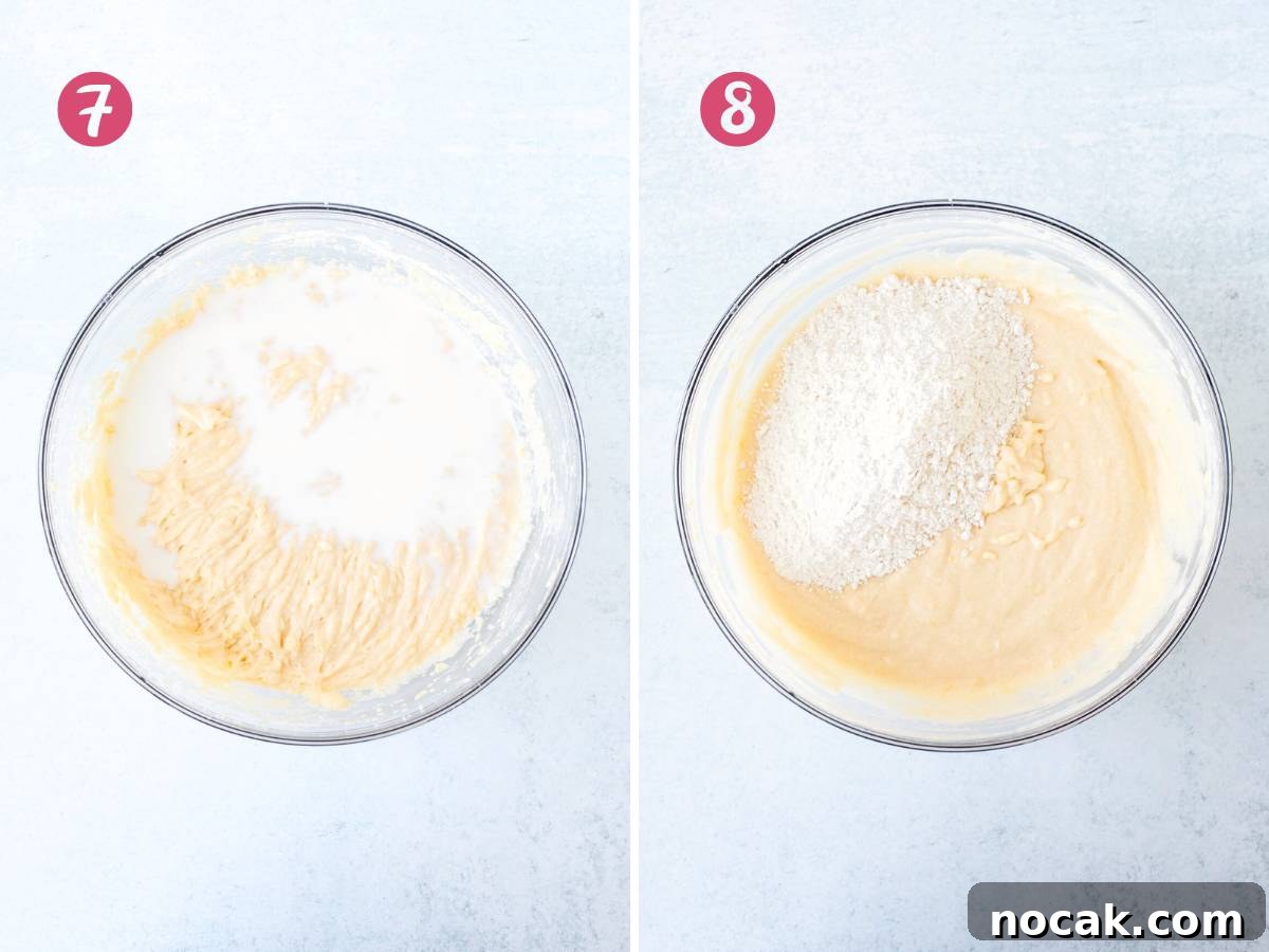 Lemon Coffee Cake Recipe: Moist Citrus Bundt Cake for Brunch 8 Bowl of cake batter with milk added into the bowl, bowl of cake batter with flour added