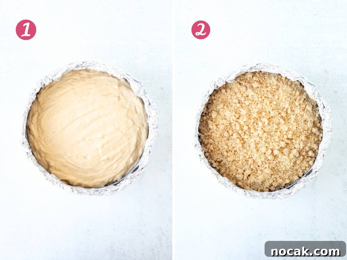Lemon Coffee Cake Recipe: Moist Citrus Bundt Cake for Brunch 9 Springform pan with unbaked lemon cake, and springform pan with unbaked lemon cake with streusel topping