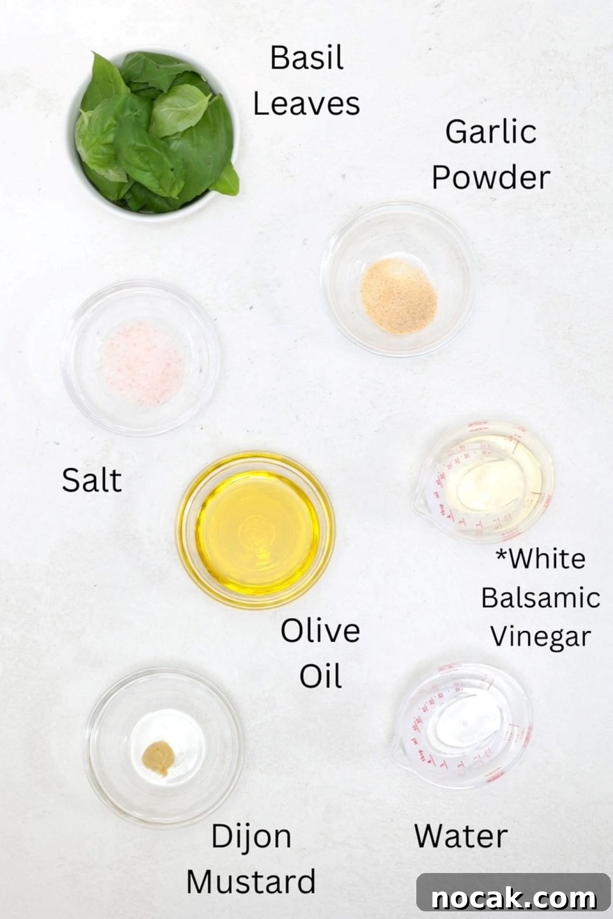 Basil Balsamic Vinaigrette Recipe — Fresh Homemade Dressing 3 Basil Balsamic Vinaigrette ingredients, labeled.