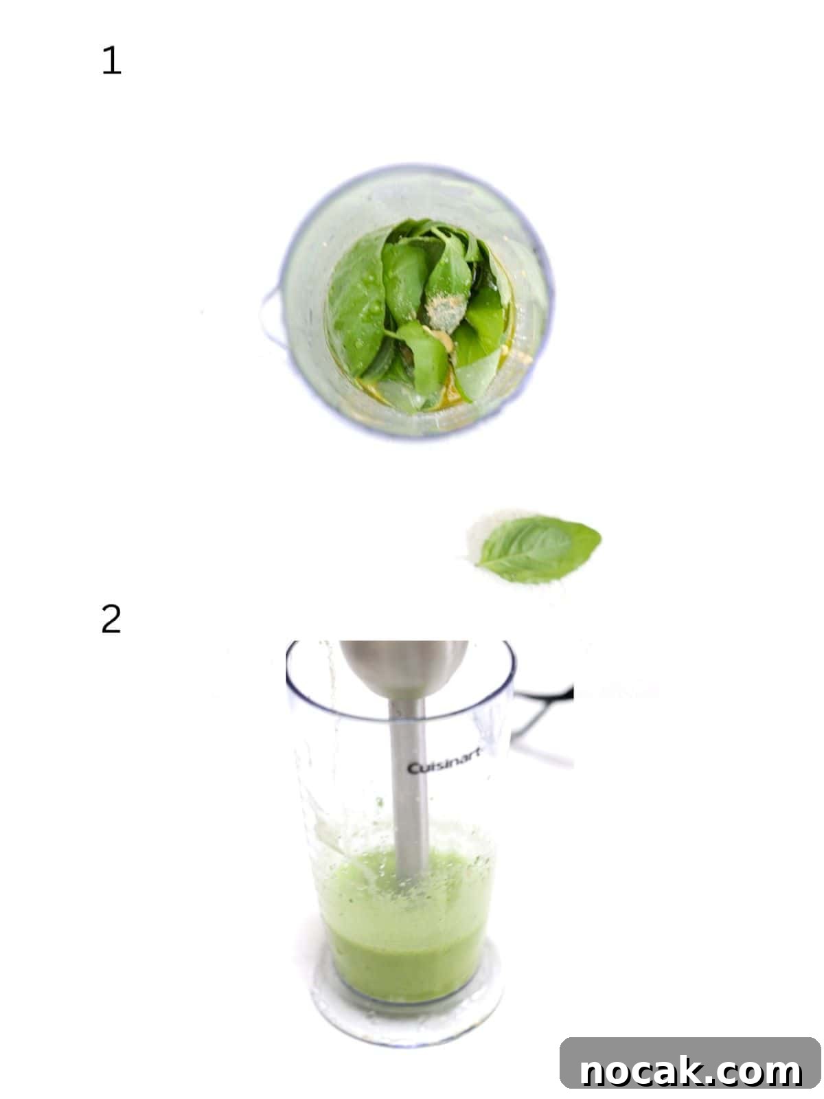 Basil Balsamic Vinaigrette Recipe — Fresh Homemade Dressing 4 Two numbered images showing how to make basil balsamic dressing with an immersion blender.