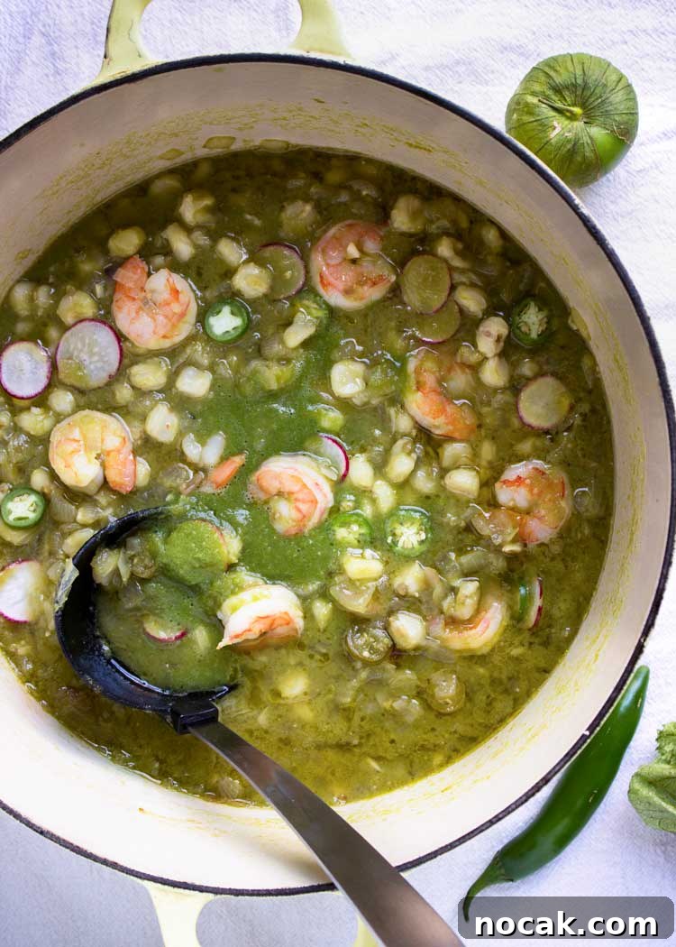 Hominy: What It Is and How to Cook with It 7 overhead: green soup with shrimp in large pot