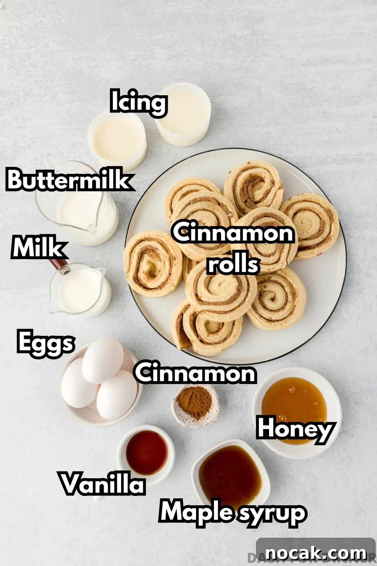 Cinnamon Roll Casserole Breakfast Bake Recipe 3 The ingredients needed to make cinnamon roll casserole: refrigerated rolls, maple syrup, honey, milk, eggs, etc.