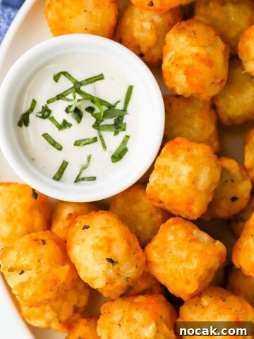 Tater tots on a plate with a white dish filled with ranch dressing and fresh basil.