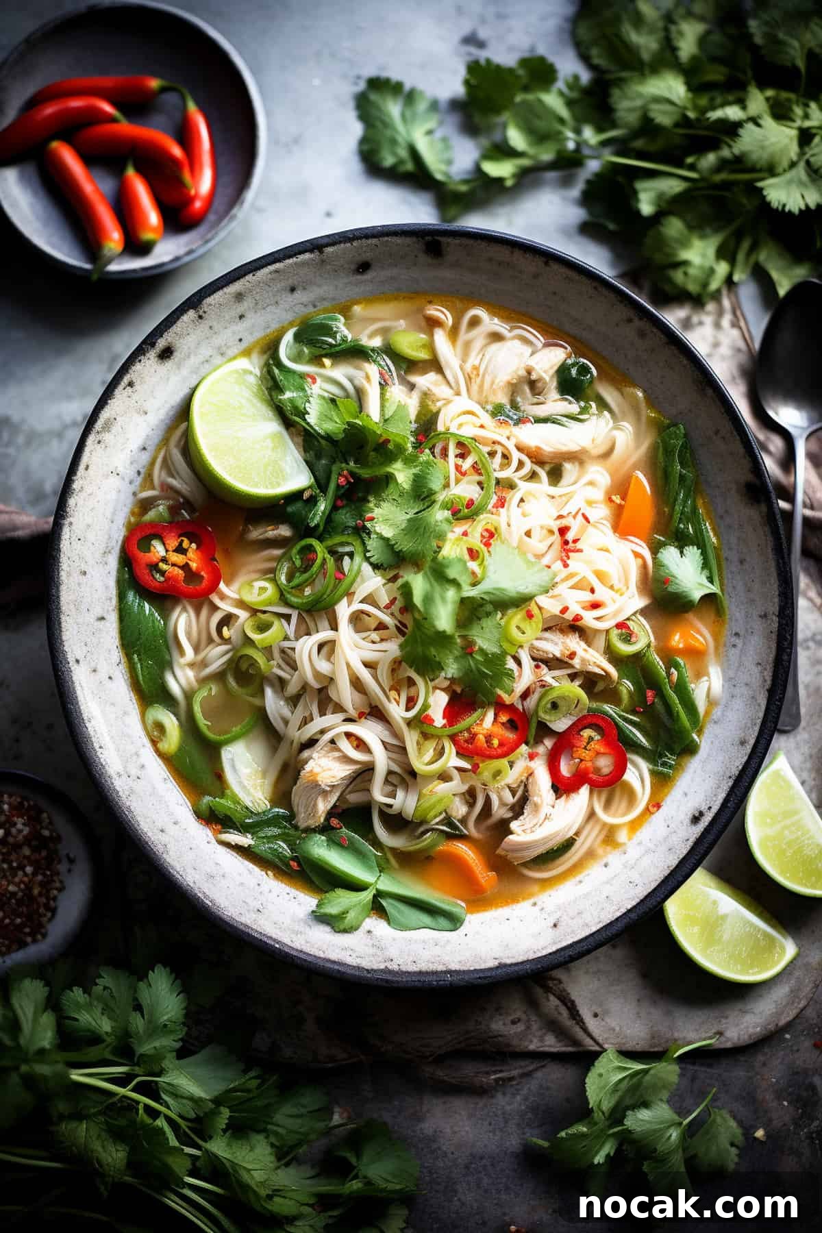 Comforting Asian Chicken Noodle Soup Recipe for Weeknights 2 Asian chicken noodle soup with carrots and vegetables.