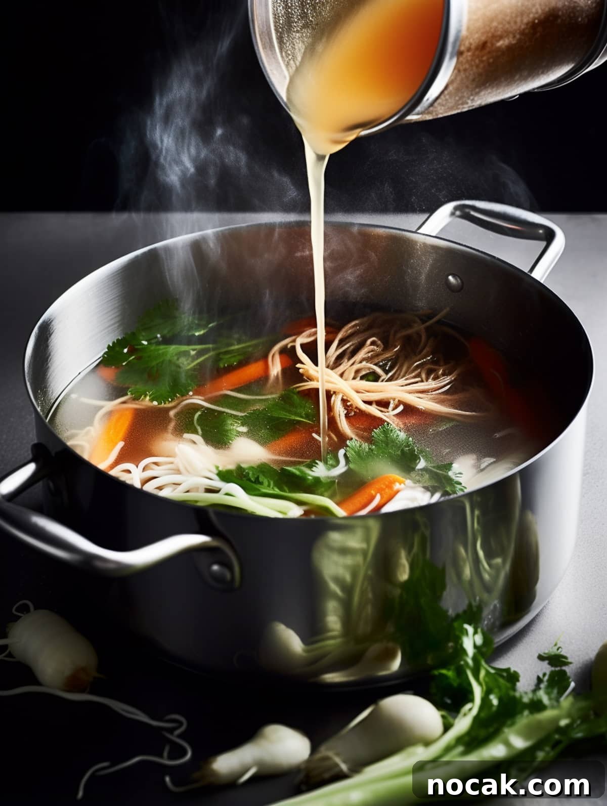 Comforting Asian Chicken Noodle Soup Recipe for Weeknights 4 Stock being added to the soup pot.