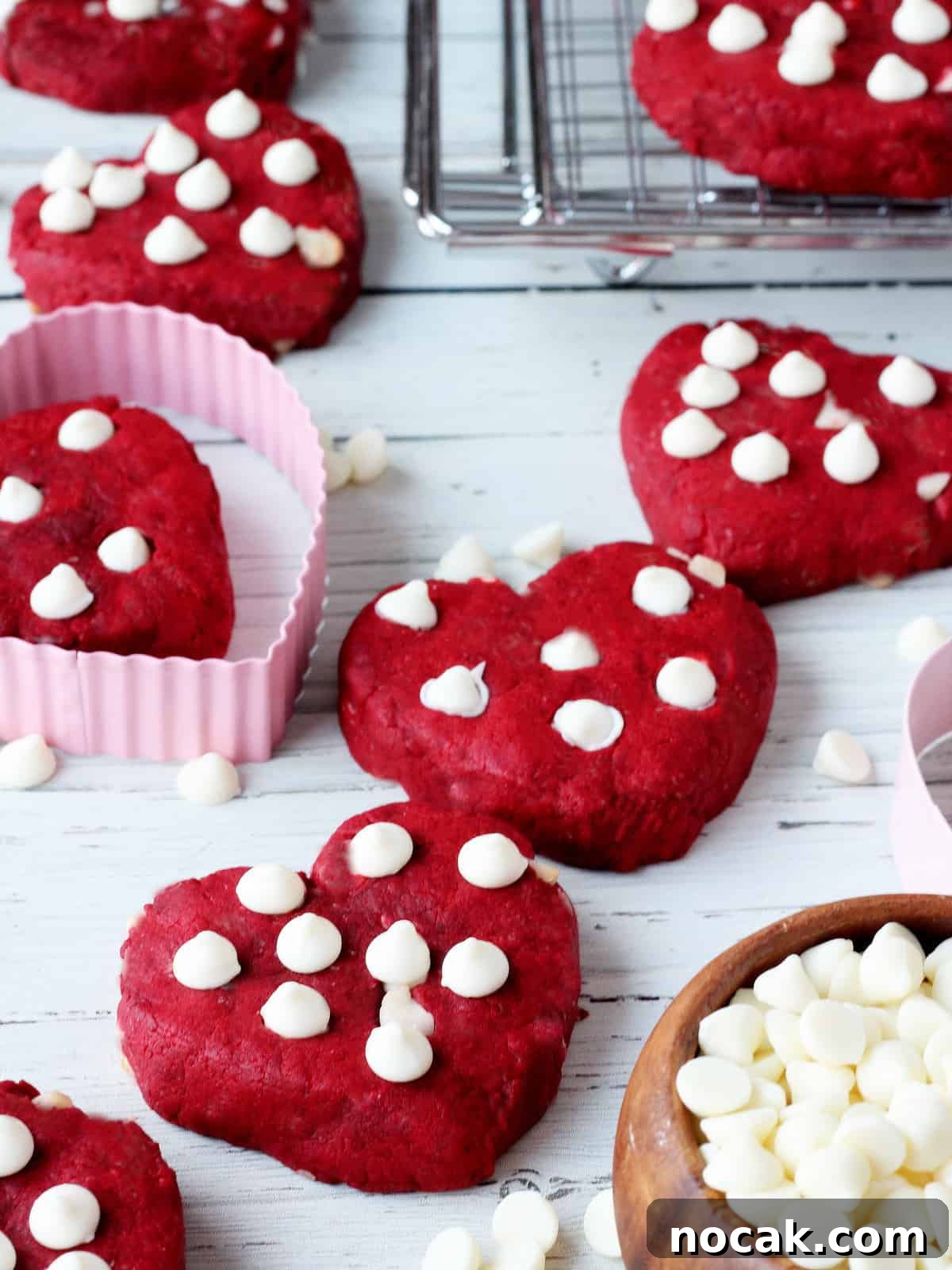 Red Velvet Heart Cookies: Soft Valentine’s Day Treats 5 Red velver heart shaped cookies on white board