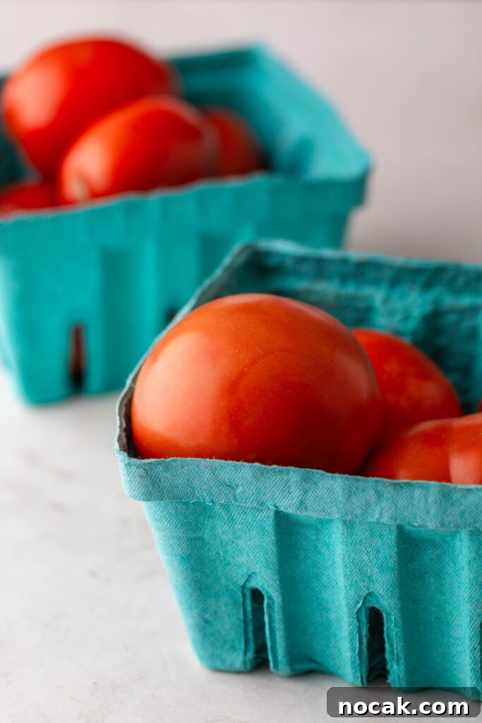 Creamy Sheet-Pan Roasted Tomato Soup 3 roma and regular tomatoes in blue containers