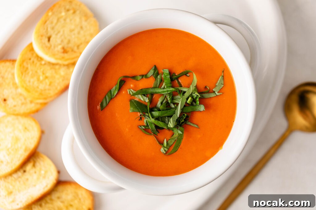 Creamy Sheet-Pan Roasted Tomato Soup 5 bowl of creamy roasted tomato soup topped with fresh basil on a plate with garlic crostini and a gold spoon