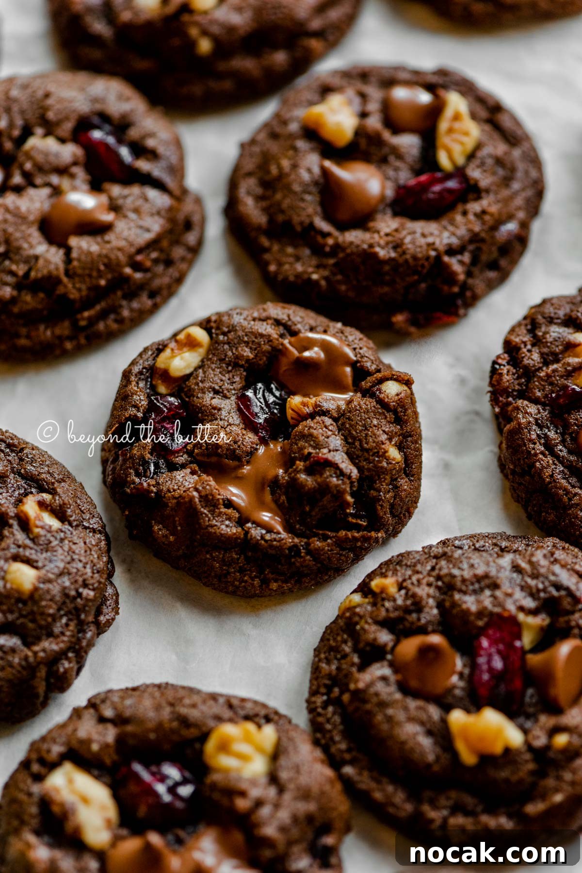 Dark Chocolate Cranberry Walnut Cookie Recipe for Rich, Chewy Treats 3 Dark chocolate cranberry walnut cookies on light gray background | All Images © Beyond the Butter®