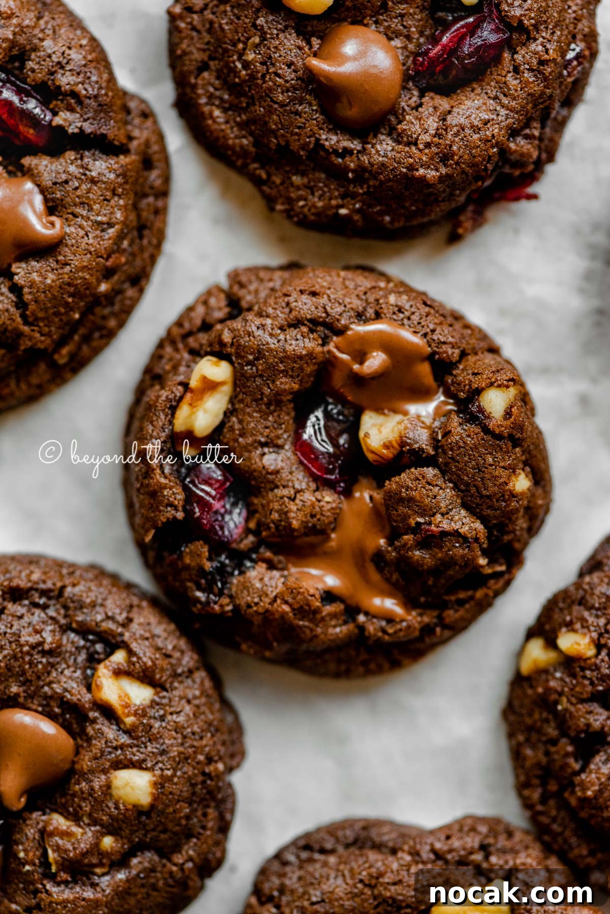 Dark Chocolate Cranberry Walnut Cookie Recipe for Rich, Chewy Treats 4 Dark chocolate cranberry walnut cookies on light gray background | All Images © Beyond the Butter®