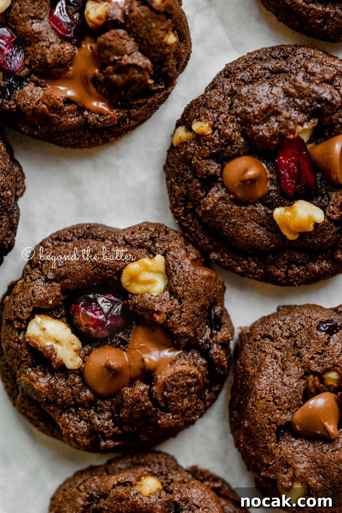 Dark Chocolate Cranberry Walnut Cookie Recipe for Rich, Chewy Treats 6 Dark chocolate cranberry walnut cookies on light gray background | All Images © Beyond the Butter®