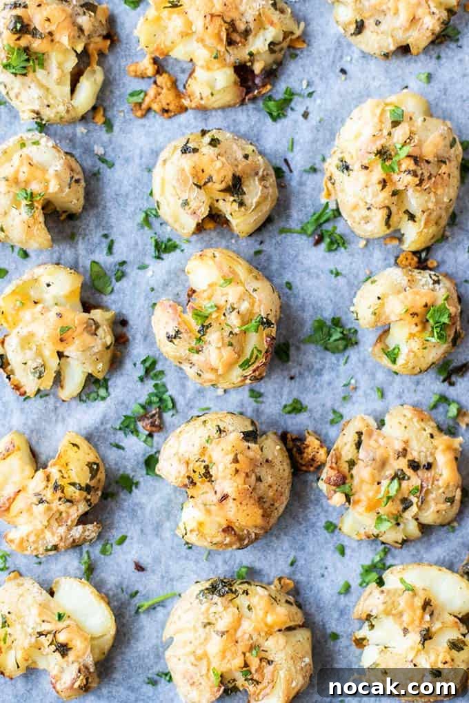 Crispy Parmesan Oven-Baked Smashed Potatoes 2 Crispy browned smashed potatoes on a baking tray.