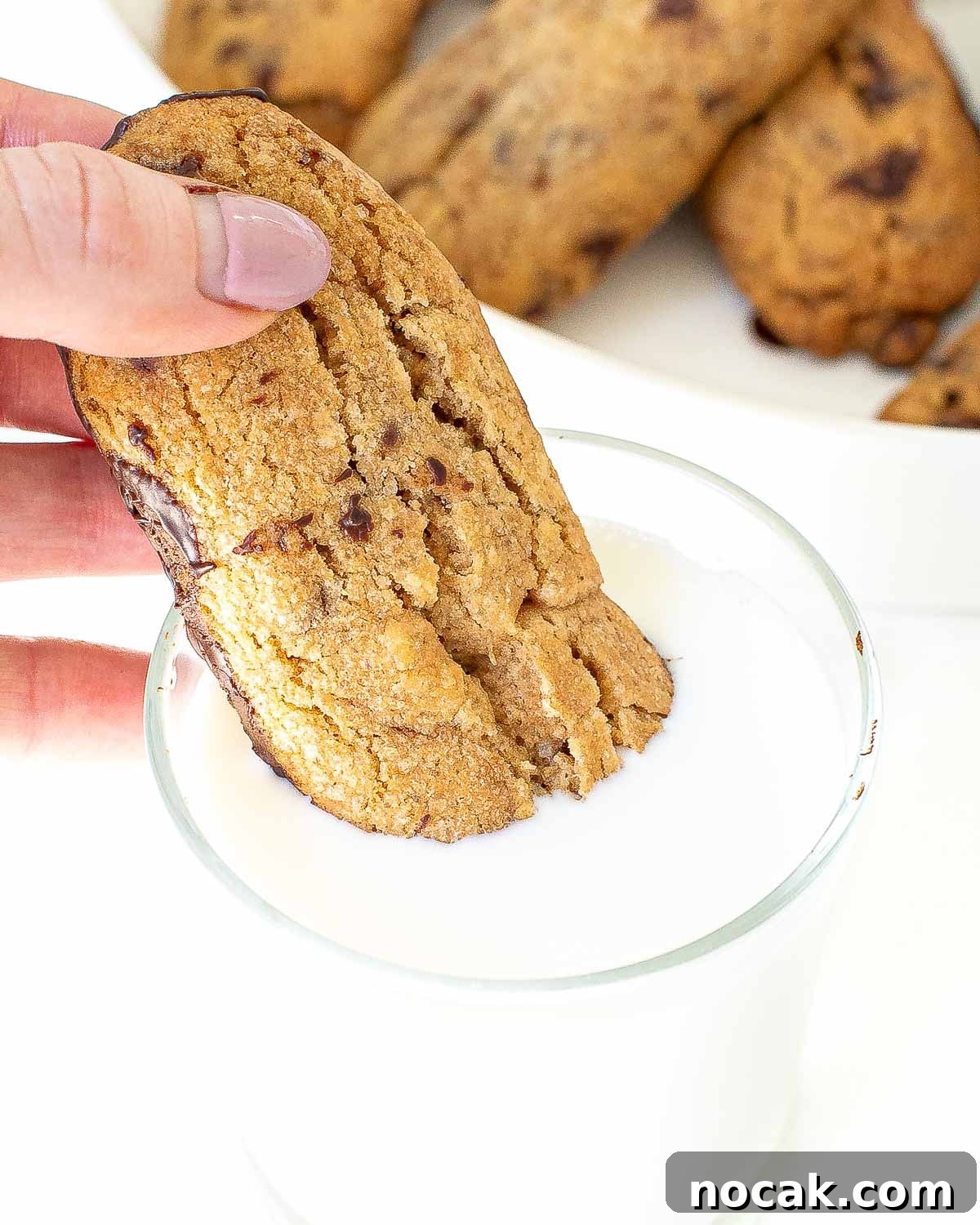 dipping homemade chocolate dunkers into milk
