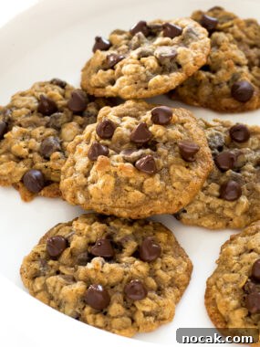 a white plate filled with these homemade oatmeal chocolate chip cookies