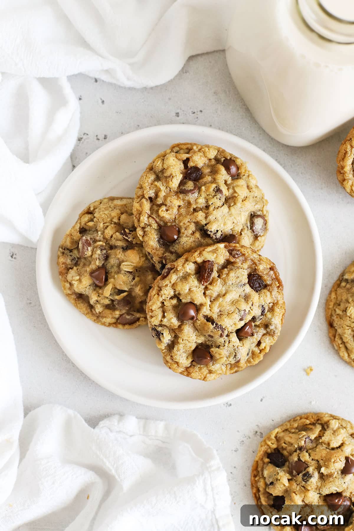 Soft Gluten-Free Oatmeal Raisin Cookies You’ll Love 5 Gluten-free oatmeal raisin cookies on a white plate