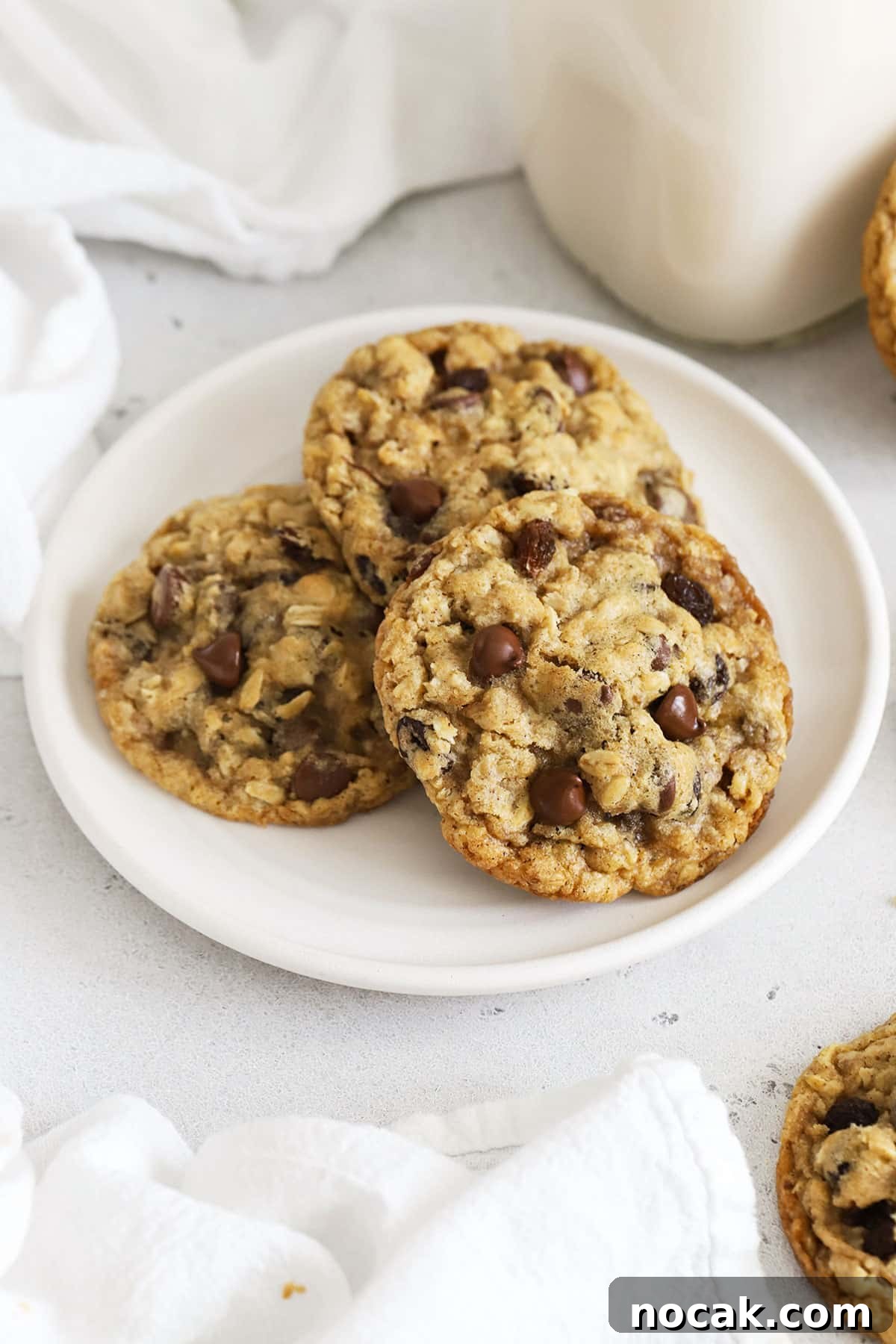 Soft Gluten-Free Oatmeal Raisin Cookies You’ll Love 6 Gluten-free oatmeal raisin cookies on a white plate