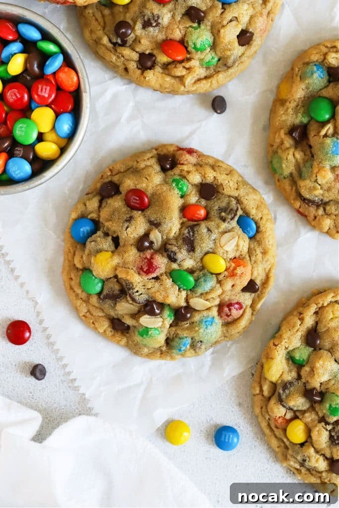Soft Gluten-Free Oatmeal Raisin Cookies You’ll Love 9 gluten-free monster cookies on parchment paper