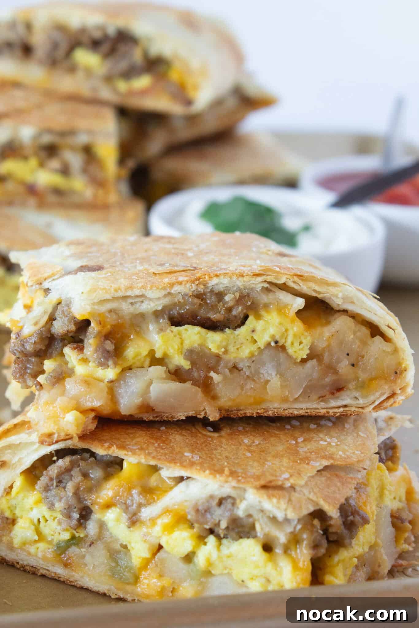 An up close photo of a serving of the Sheet Pan Breakfast Quesadilla.