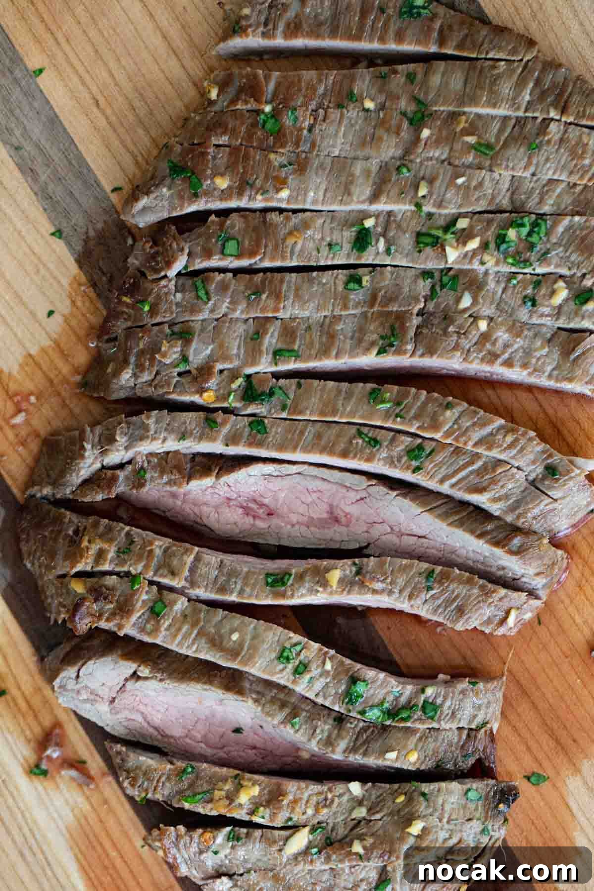 Flank Steak Marinade overhead view of sliced flank steak